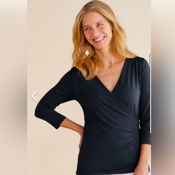 Soft Surroundings Cross Over 3/4 Sleeve Black Blouse Women's Size Petite XL - Picture 1 of 6